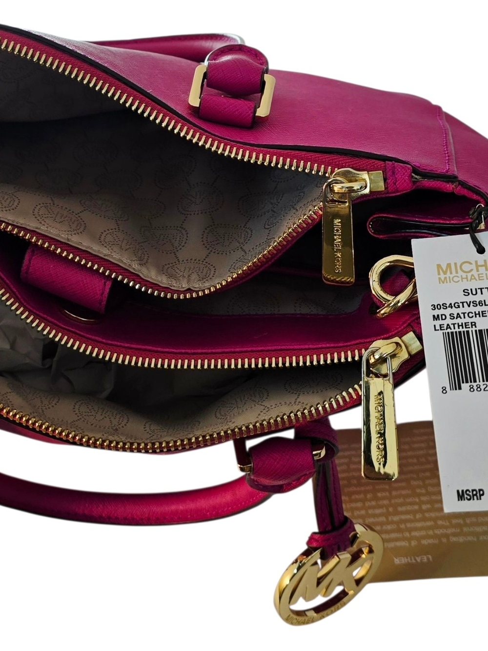Michael Kors Sutton Medium Satchel Raspberry Pink Leather Bag + Wallet NWT - Picture 8 of 9